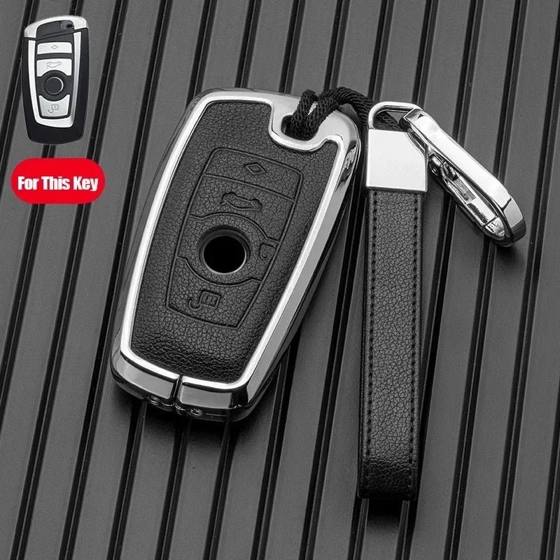 Premium Metal and Leather Car Key Case Cover for BMW - 12