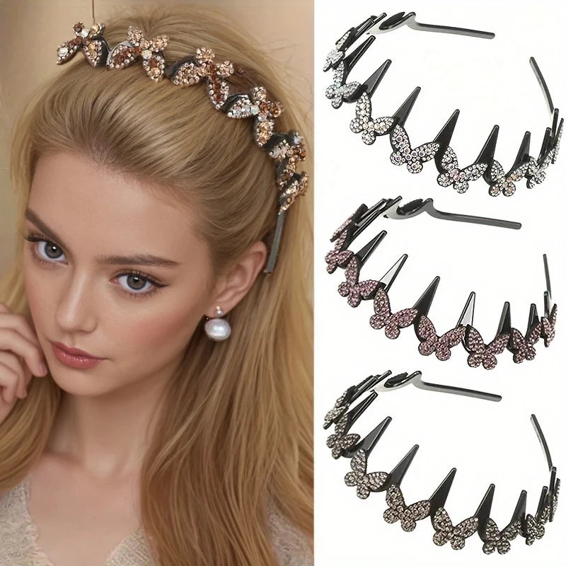 Rhinestone Butterfly Wavy Headband for Women