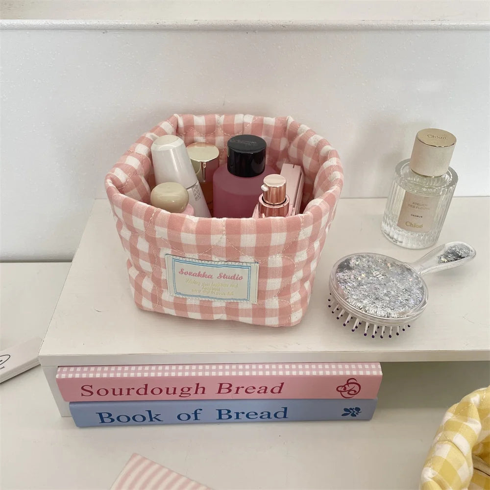 Foldable Plaid Quilted Desktop Storage Basket - 8