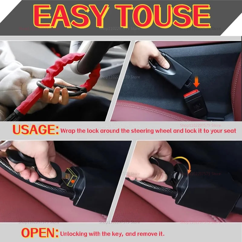 Heavy-Duty Steel Cable Steering Wheel Anti-Theft Security Lock - 6