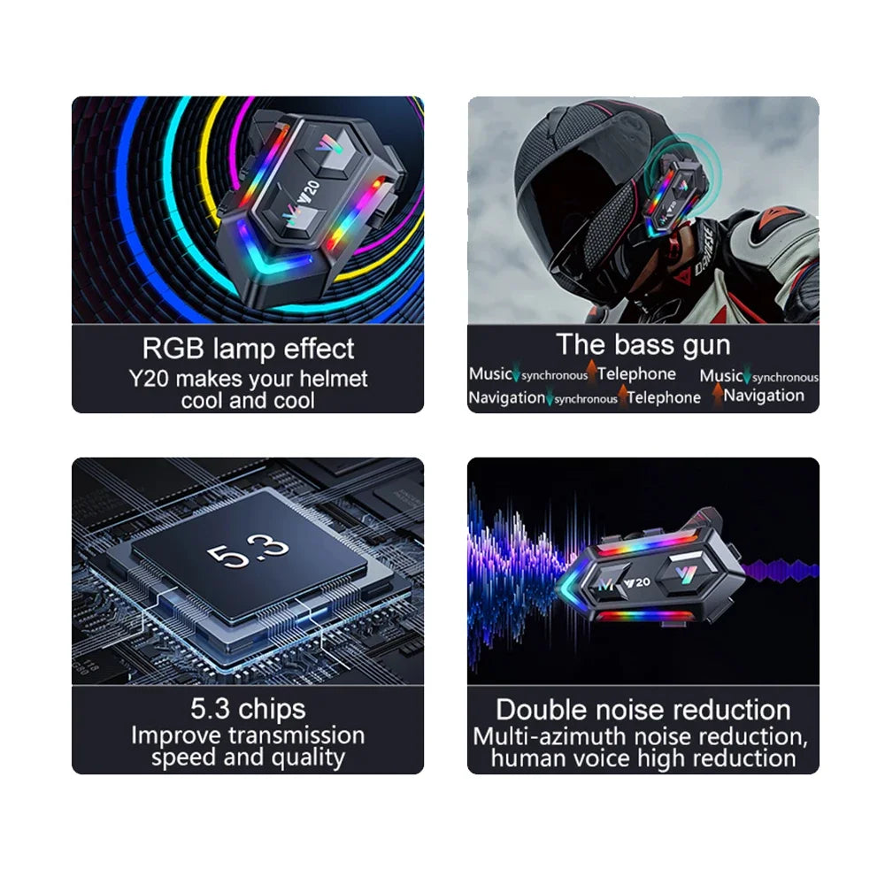 Wireless Motorcycle Helmet Bluetooth Headset with RGB Light - 3