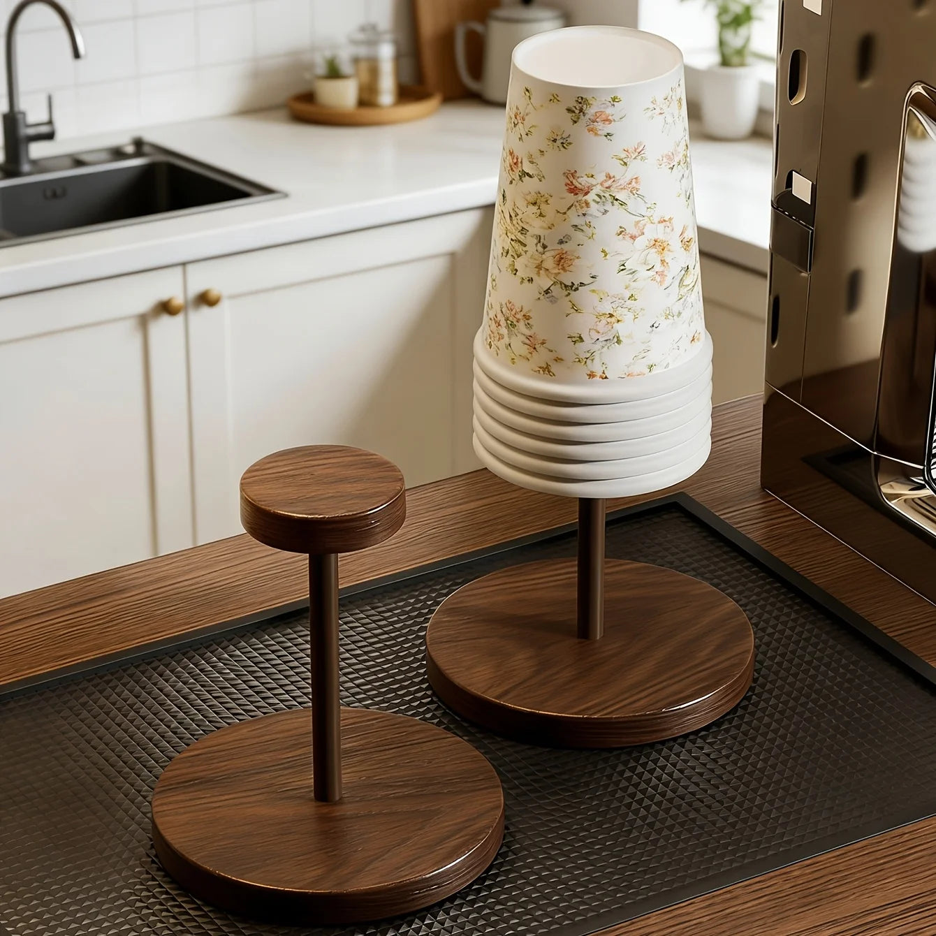 Walnut Finish Wooden Paper Cup Dispenser Stand - 2
