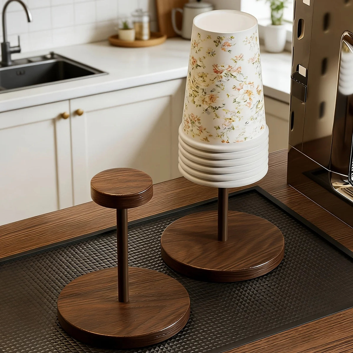 Walnut Finish Wooden Paper Cup Dispenser Stand