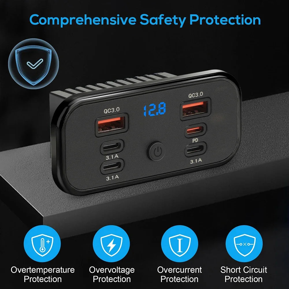 6-Port Fast Charging Car Socket Adapter with LED Voltage Display