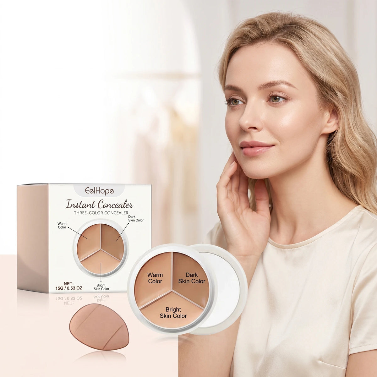 3-Color Cream Face Concealer Palette for Dark Circles and Blemishes