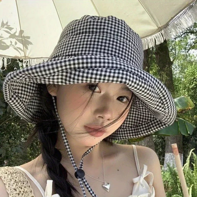 Women's Wide Brim Plaid Sun Hat for Summer Beach and Travel - 5