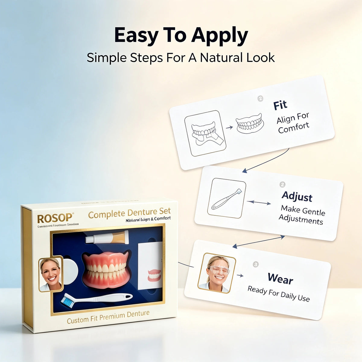 Custom Fit Silicone Cosmetic Denture Set with Toothbrush