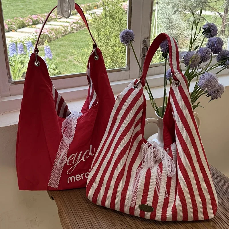 Double-Sided Reversible Tote Bag with Lace Bow - 7