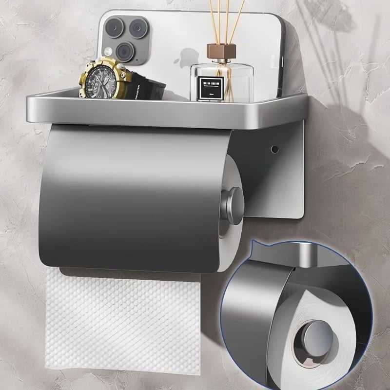 Wall-Mounted Aluminum Toilet Paper Holder with Storage Shelf - 1