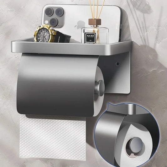 Wall-Mounted Aluminum Toilet Paper Holder with Storage Shelf