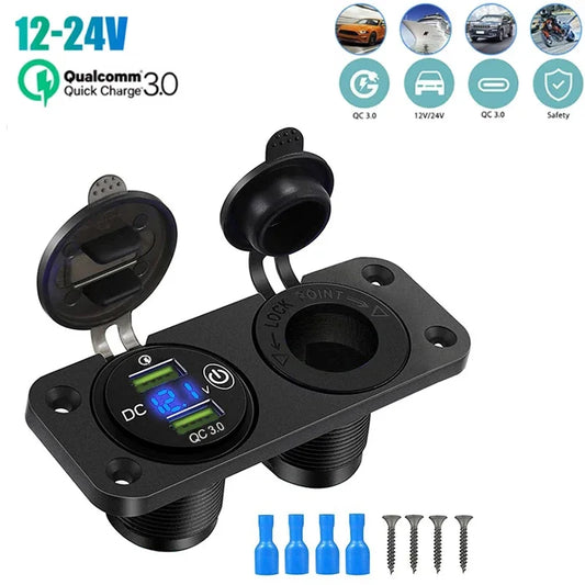 Dual USB Quick Charge 3.0 Socket Panel 12V 24V Car Boat Power Outlet