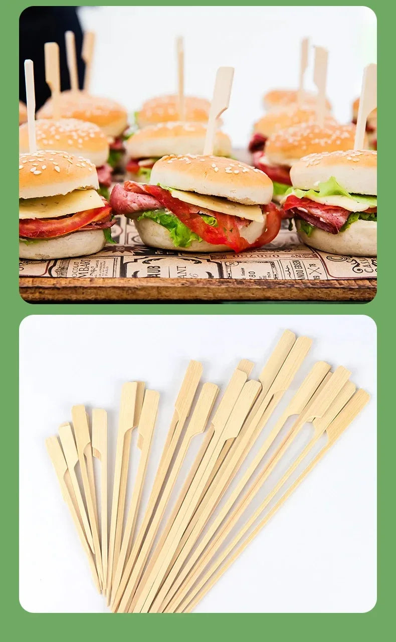 100Pcs Disposable Bamboo Skewers Natural BBQ Sticks and Cocktail Picks