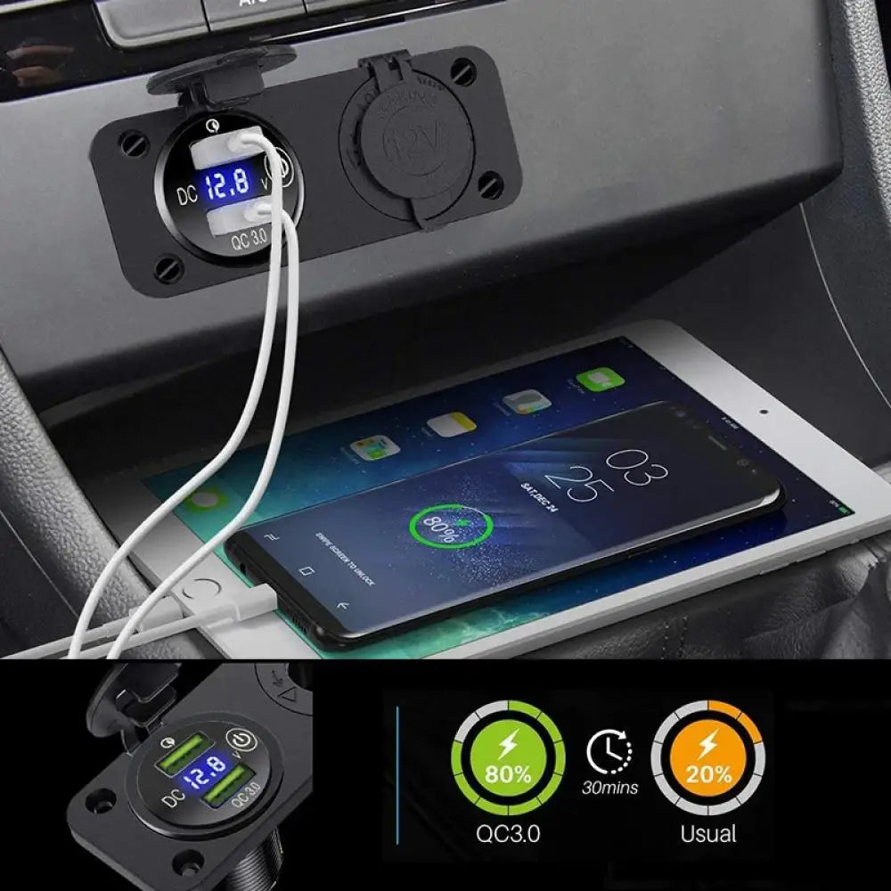 Dual USB Car Charger Socket with Voltmeter and Cigarette Lighter - 8