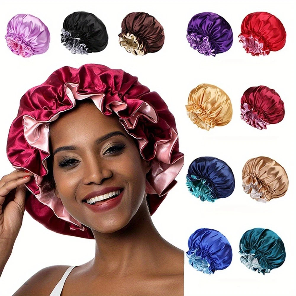 Double Layer Satin Sleep Bonnet Reversible Adjustable Hair Protection Cap