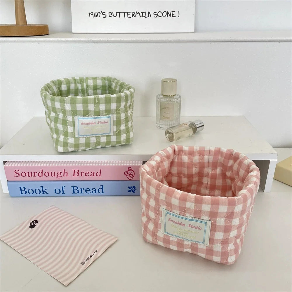 Foldable Plaid Quilted Desktop Storage Basket