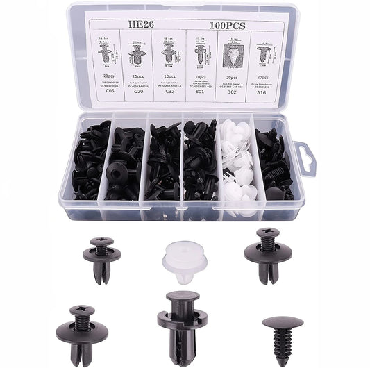 100 Piece Auto Bumper Fender Rivet Clip Fastener Set for Universal Cars