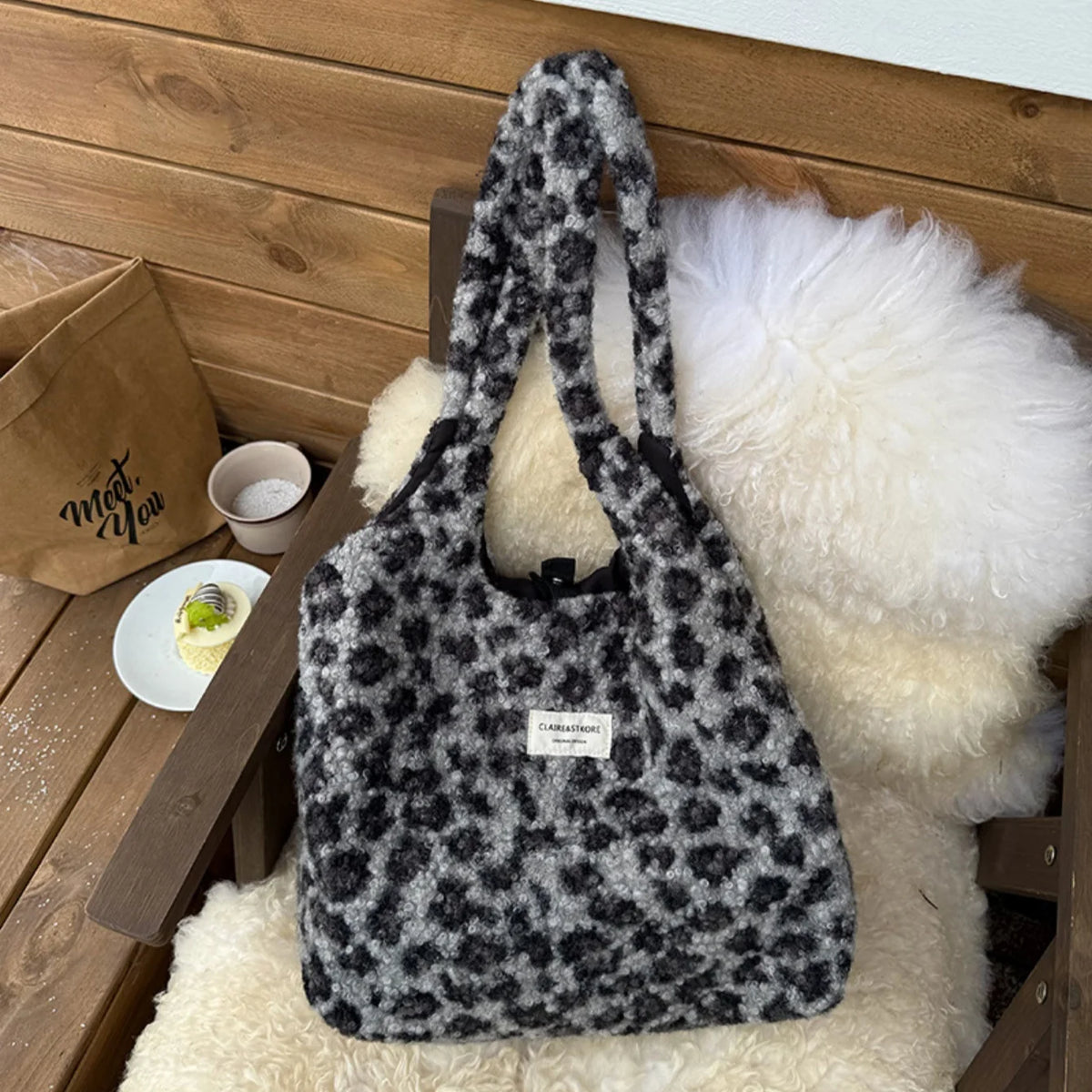 Leopard Print Plush Tote Bag for Daily Commute