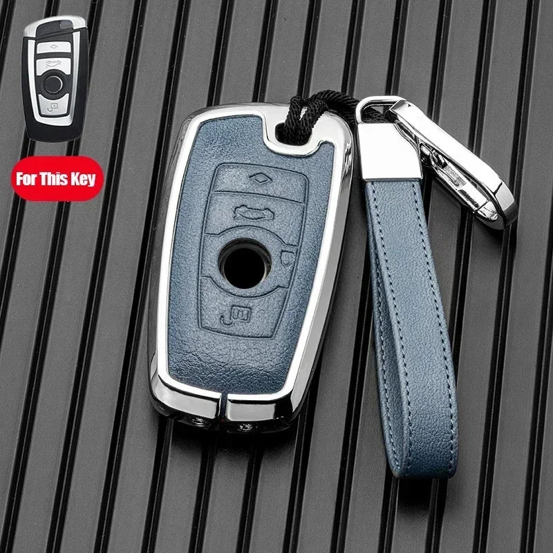Premium Metal and Leather Car Key Case Cover for BMW - 16