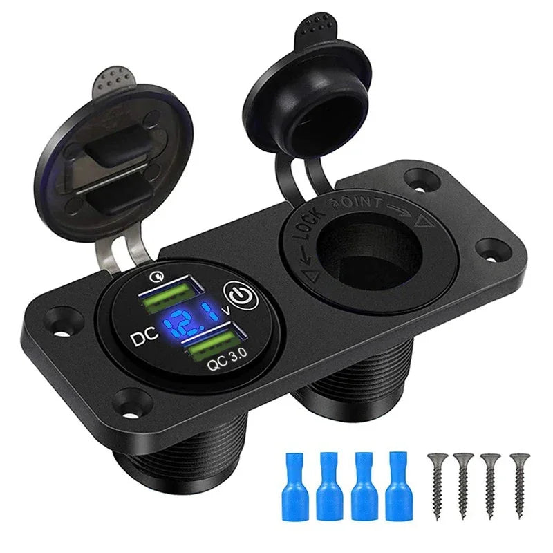 Dual USB Car Charger Socket with Voltmeter and Cigarette Lighter