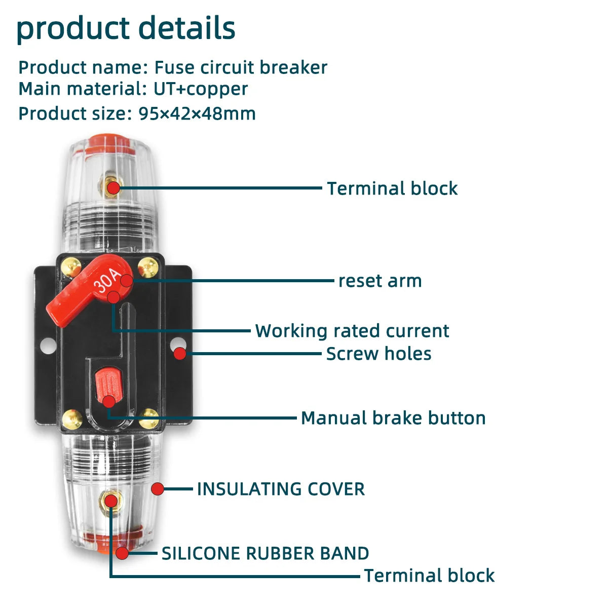 12V-48V DC Waterproof Circuit Breaker Manual Reset Fuse for Car Marine - 4