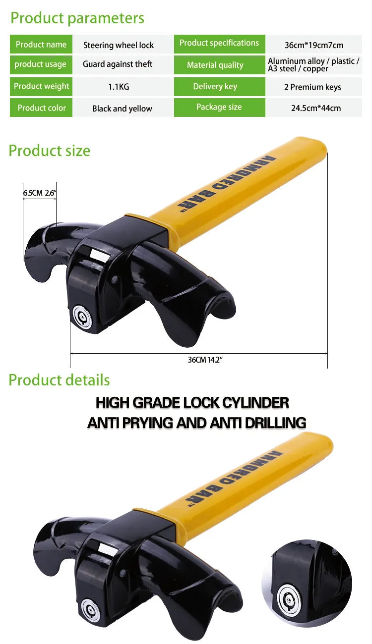 Heavy-Duty Universal Car Steering Wheel Anti-Theft Security Lock - 10