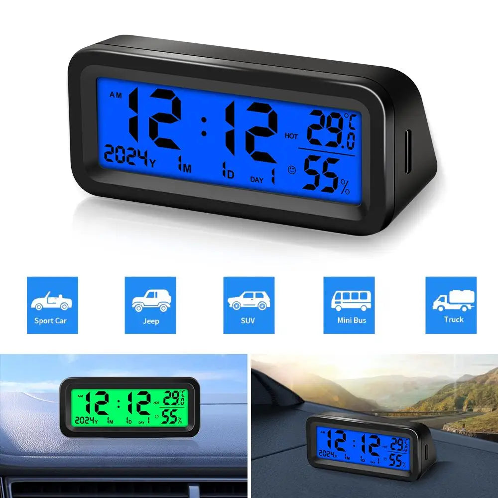 Solar Powered Digital Car Dashboard Clock with Temperature and Humidity