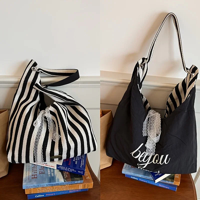 Double-Sided Reversible Tote Bag with Lace Bow - 10