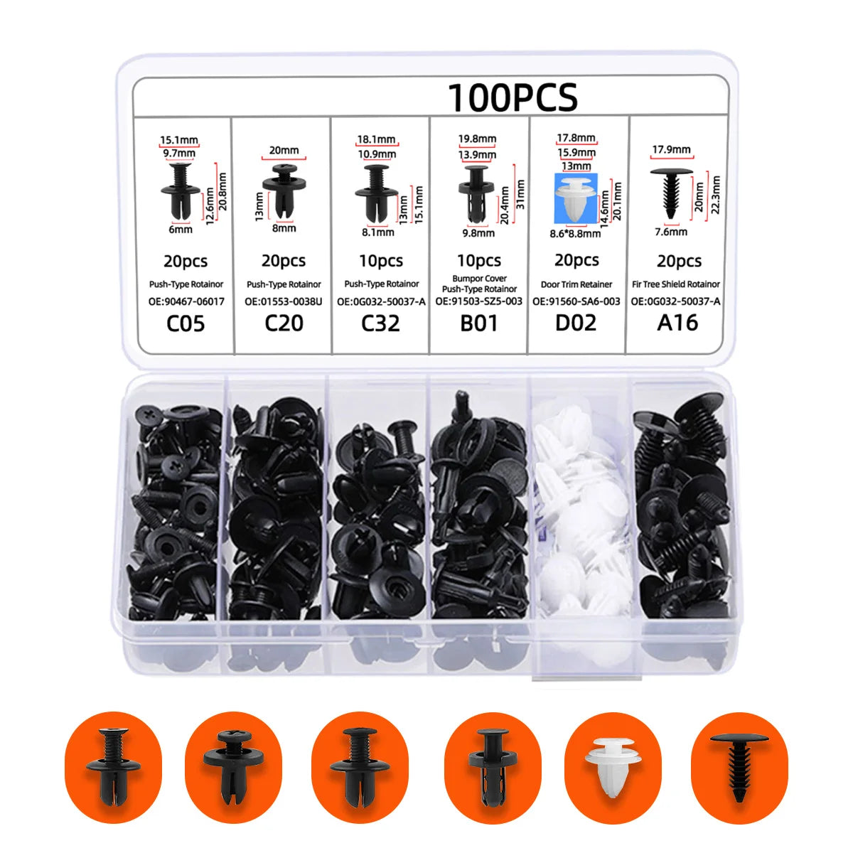 Universal Car Bumper and Trim Fastener Retainer Clip Set - 7