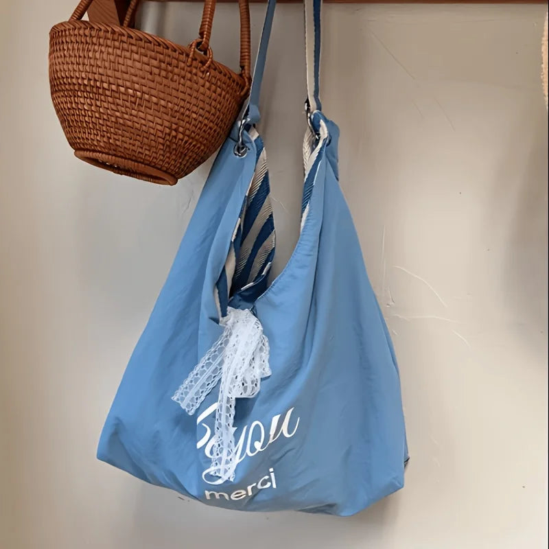Double-Sided Reversible Tote Bag with Lace Bow