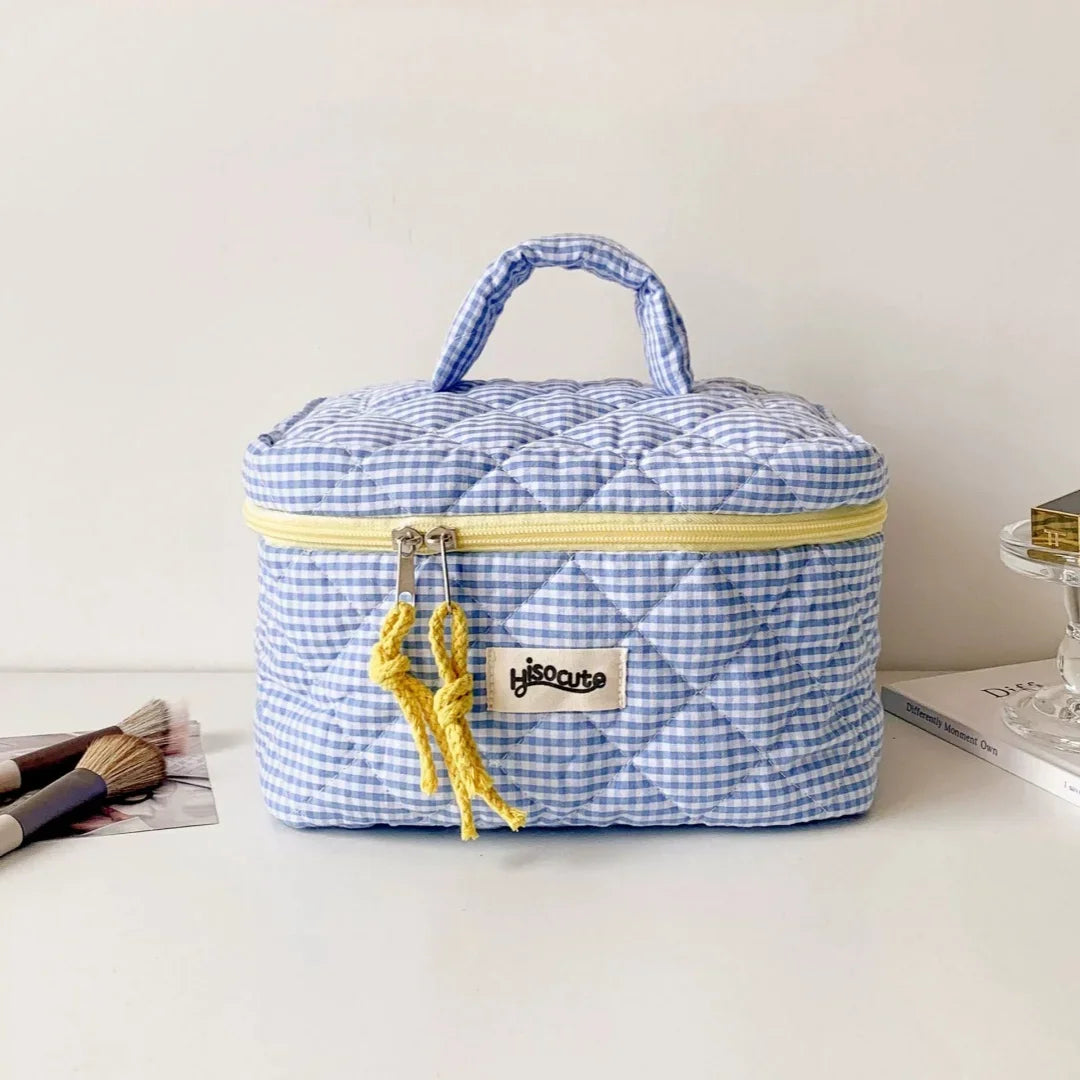 Portable Quilted Plaid Travel Makeup Bag