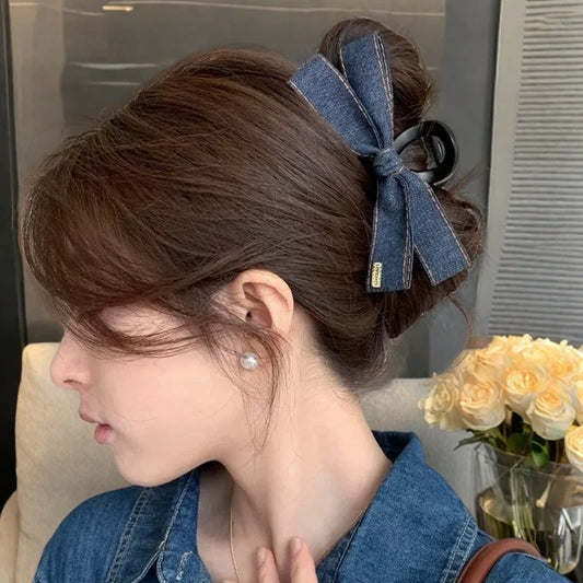 Denim Bow Ribbon Hair Claw Clip for Women