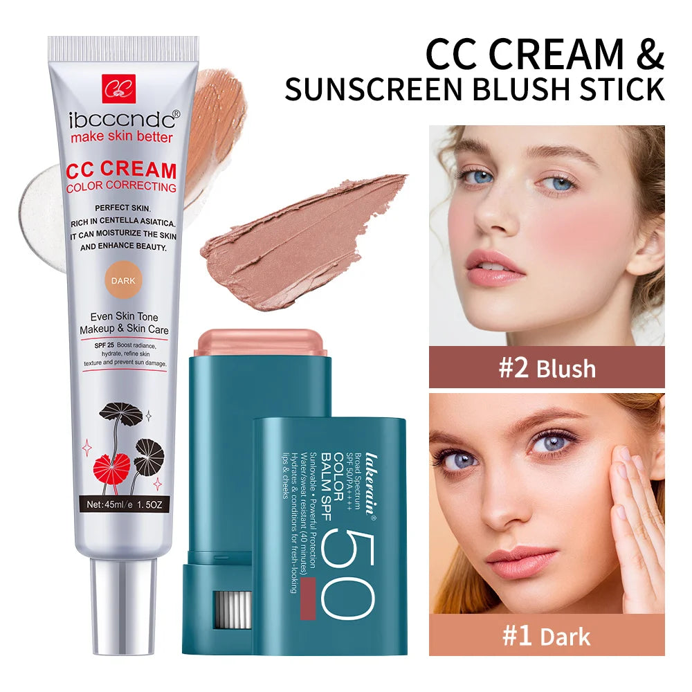 Color Correcting CC Cream and Sunscreen Blush Stick Set - 39