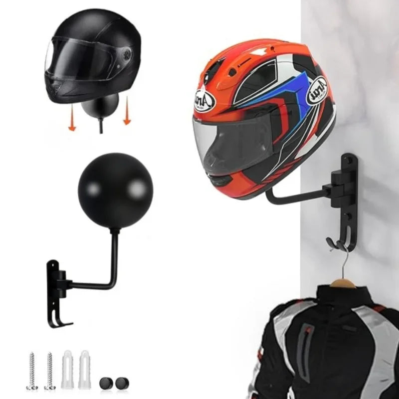 Rotatable Wall-Mounted Helmet Holder with Accessory Hook