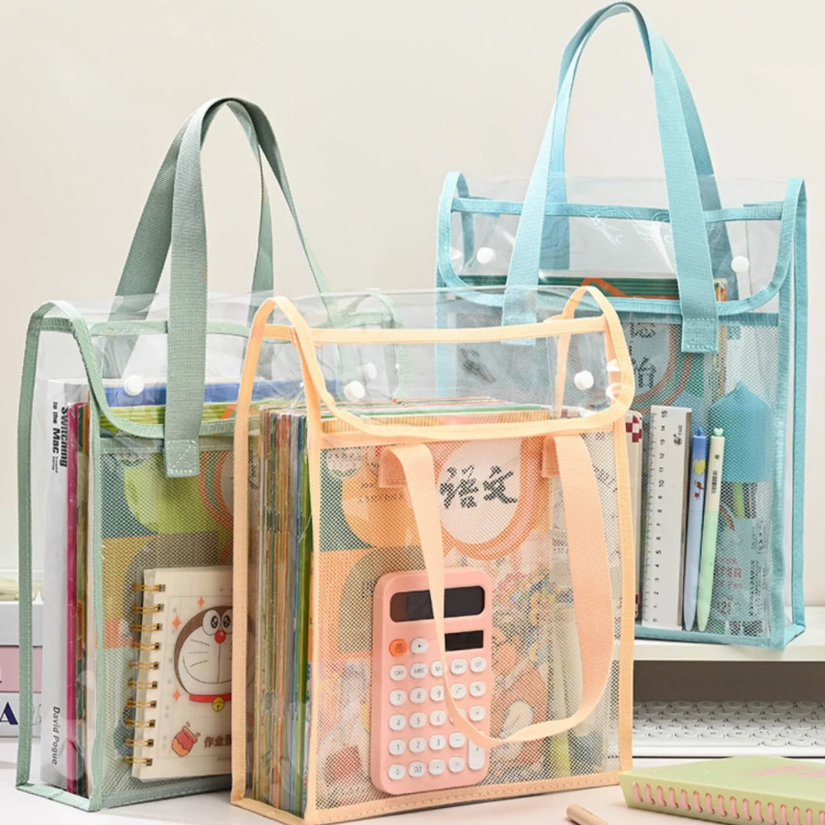 Transparent Double-Layer Student Tote Bag for Books and Supplies