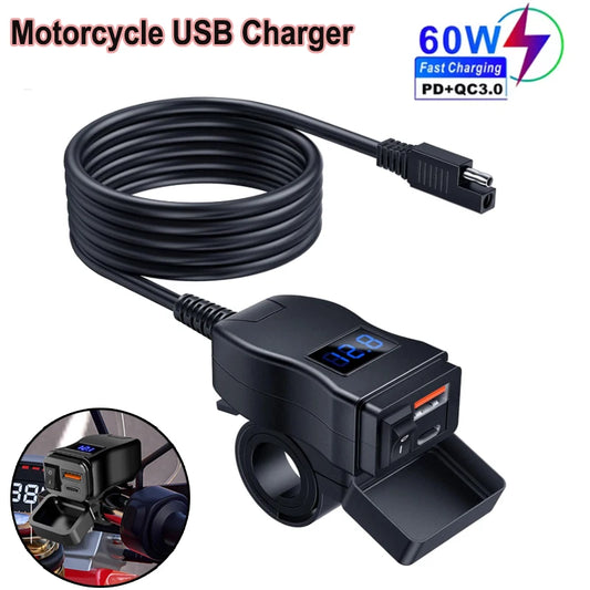 Fast-Charging Motorcycle Handlebar USB Charger with Voltmeter