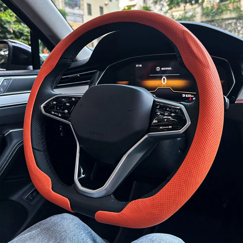 Breathable Leather Car Steering Wheel Cover for Round and D-Shape