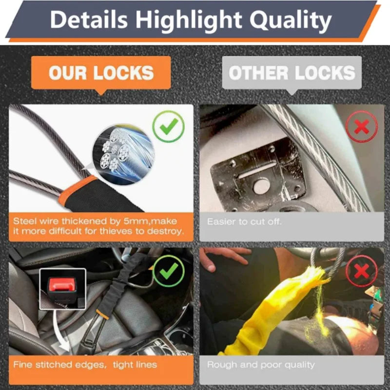 Heavy-Duty Steel Cable Steering Wheel Anti-Theft Security Lock - 11