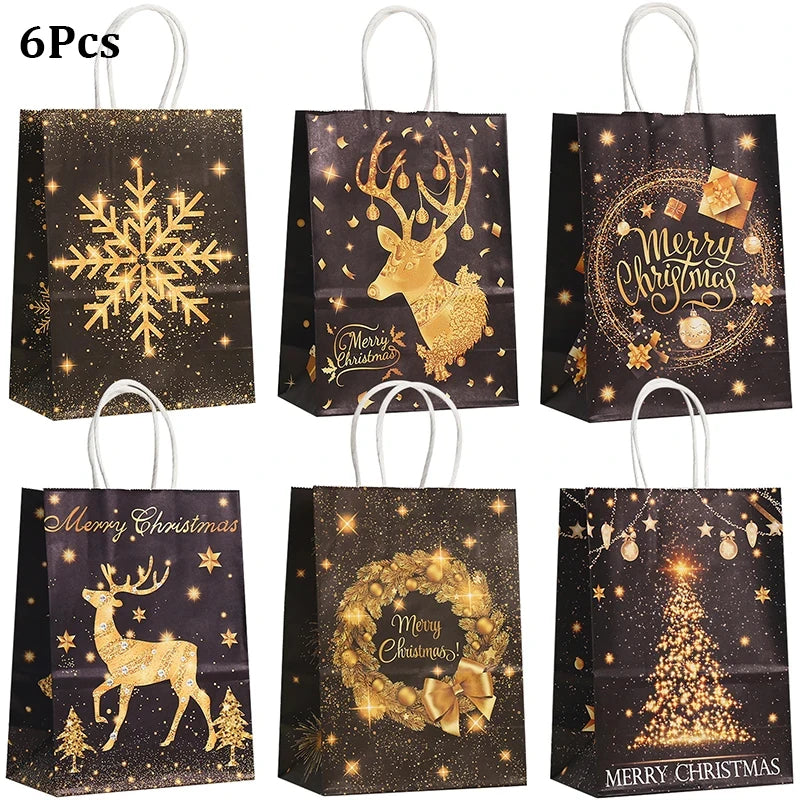 Decorative Holiday Kraft Paper Gift Bags with Handles