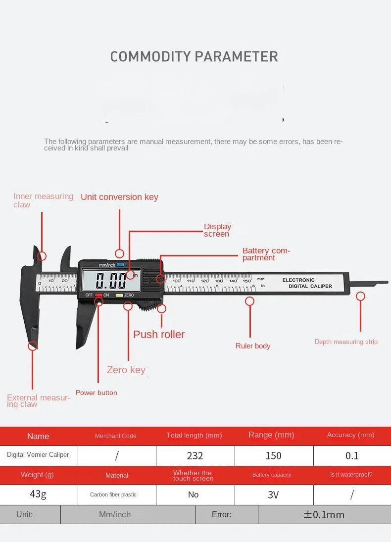 Digital Caliper Measuring Tool Carbon Fiber Vernier Gauge Micrometer - 16