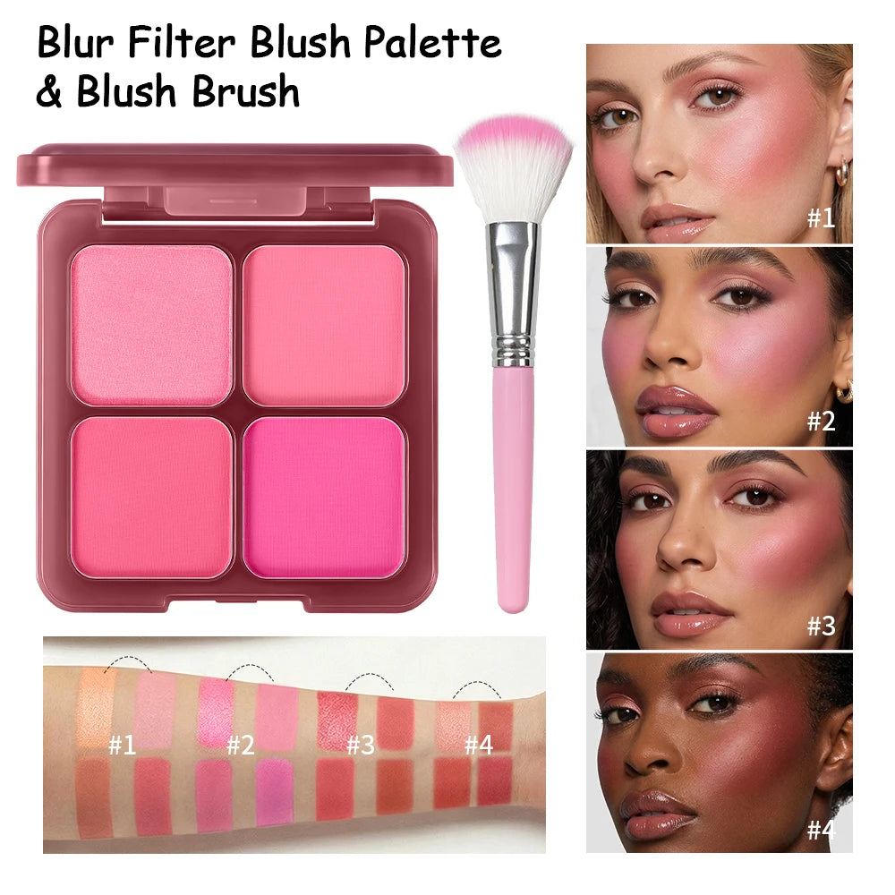 4-Color Matte Blush Palette with Makeup Brush - 1