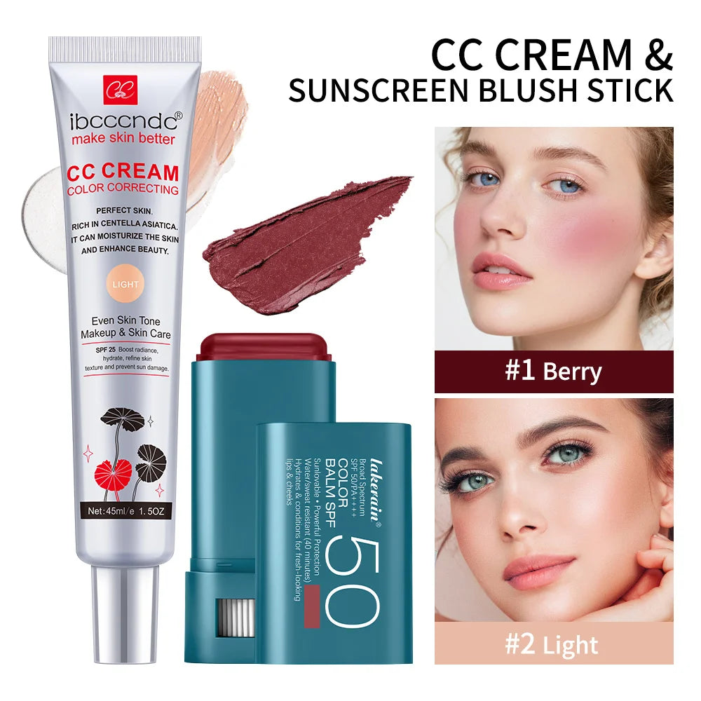 Color Correcting CC Cream and Sunscreen Blush Stick Set - 1
