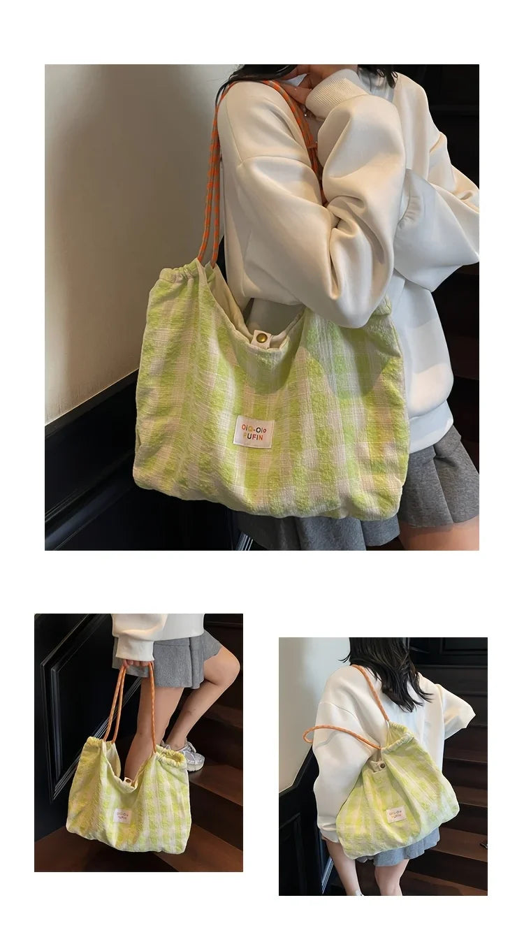 Versatile Plaid Shoulder Tote Bag for Commuter and Leisure - 14