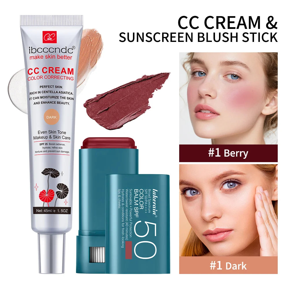 Color Correcting CC Cream and Sunscreen Blush Stick Set - 37