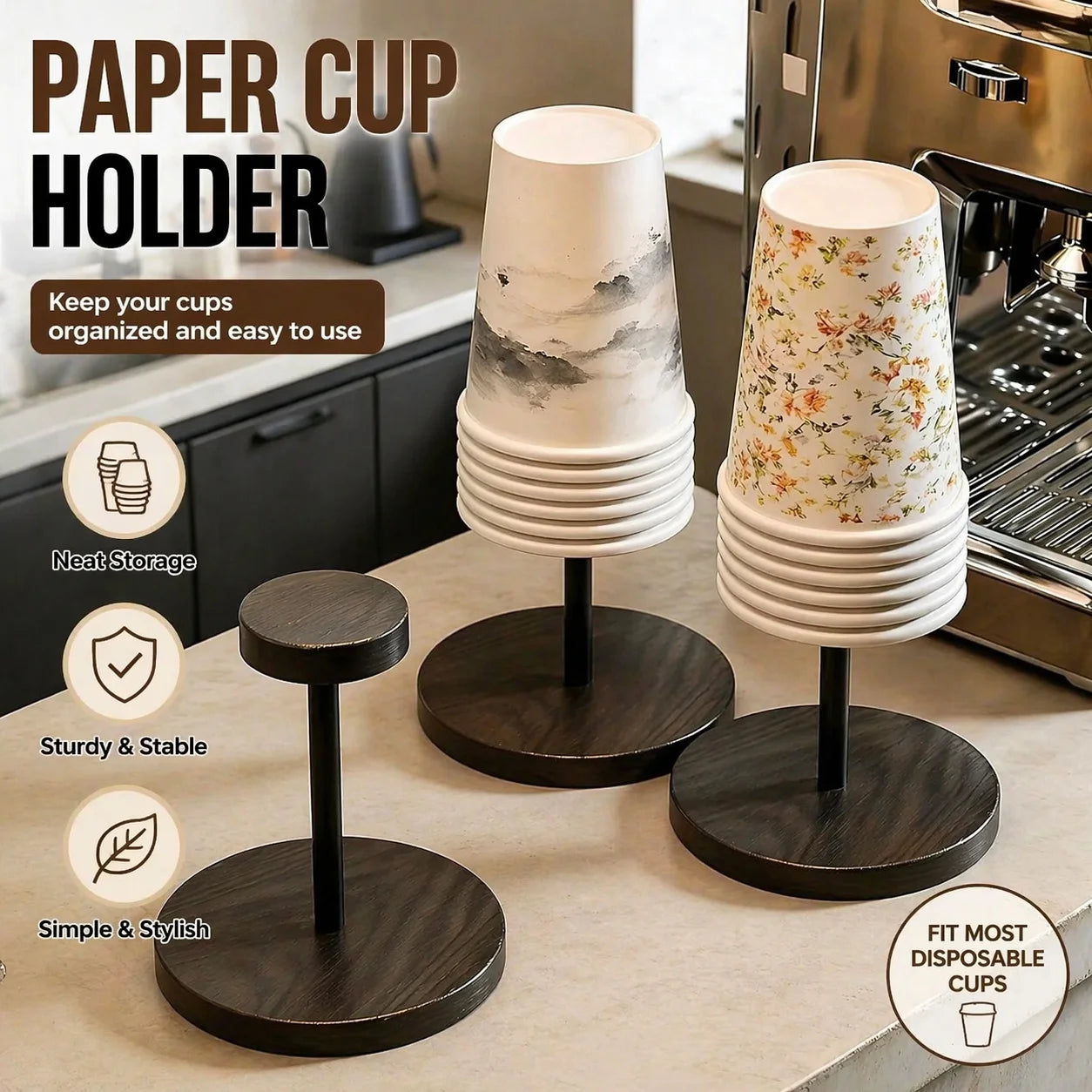 Walnut Finish Wooden Paper Cup Dispenser Stand - 1