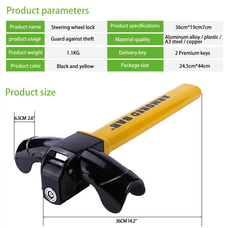 Heavy-Duty Universal Car Steering Wheel Anti-Theft Security Lock