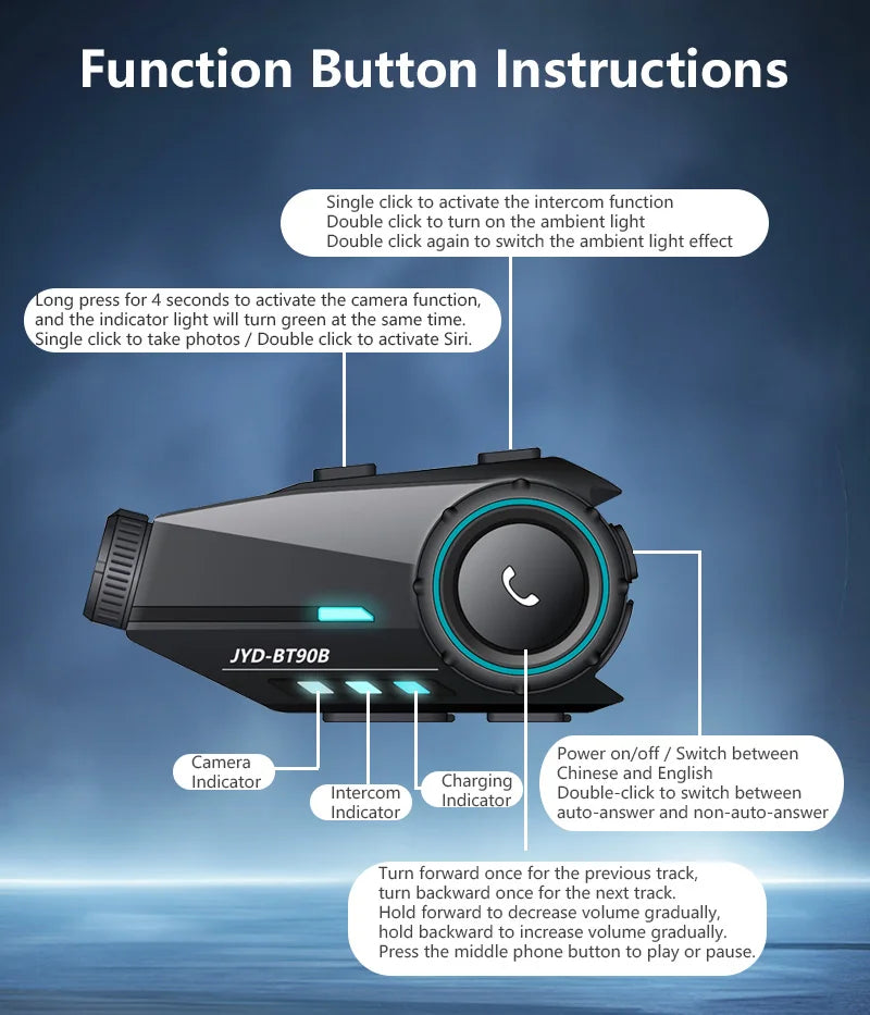 Bluetooth 5.4 Motorcycle Helmet Headset with 1080P Camera Intercom