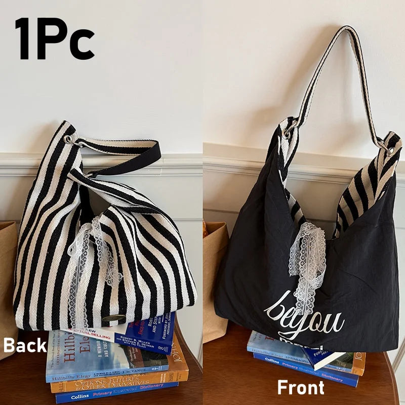 Double-Sided Reversible Tote Bag with Lace Bow
