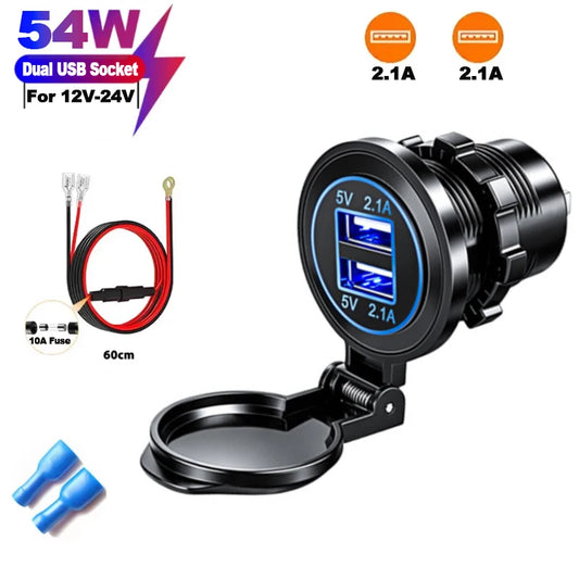 Dual USB Car Charger Socket 12V 24V Waterproof Power Outlet Adapter
