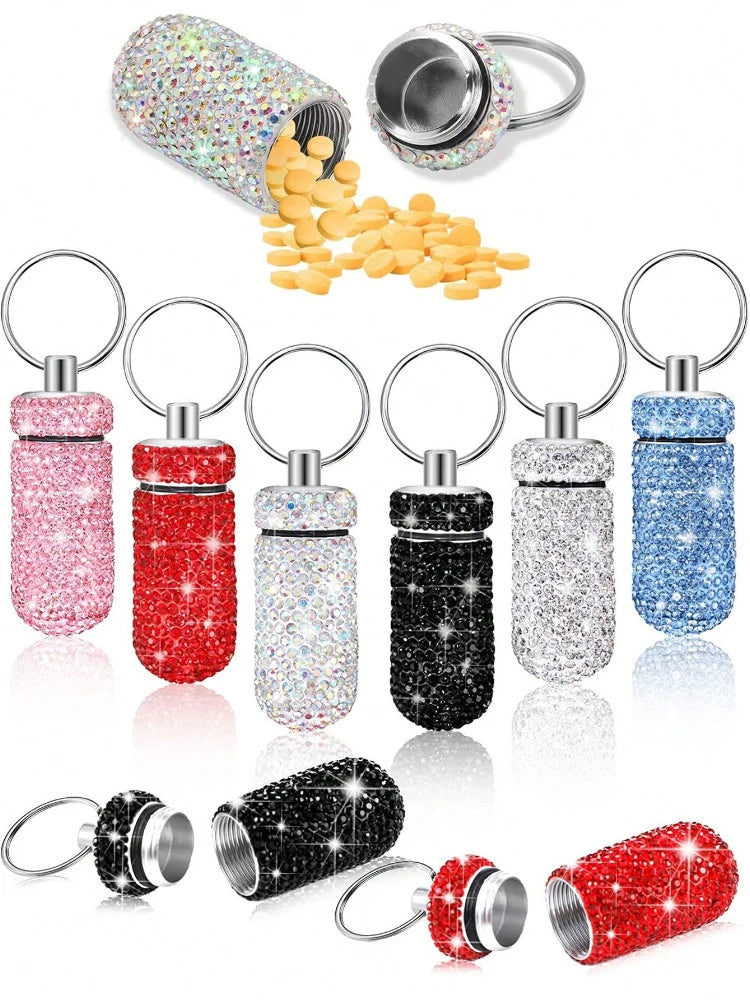 Waterproof Rhinestone Keychain Pill Holder Case - 6
