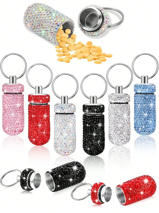 Waterproof Rhinestone Keychain Pill Holder Case